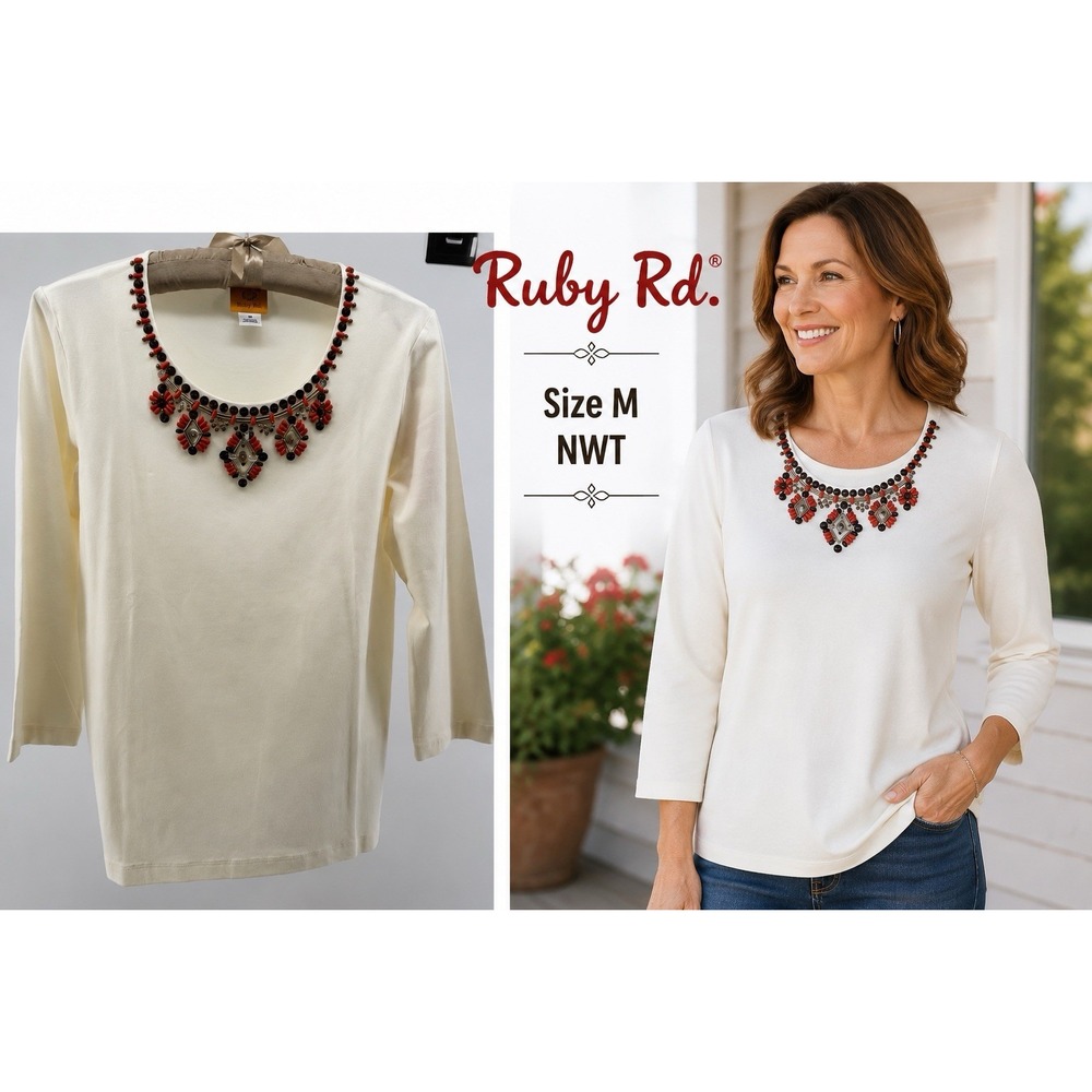 Ruby Rd Embellished Top Sz M Ivory Beaded Neckline Boho Chic Stretch NWT